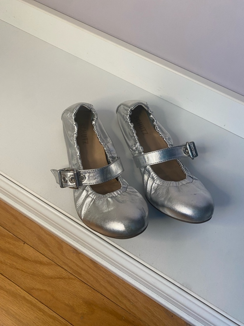 SCHUTZ Metallic Silver Mary Jane Flats with Buckle Strap